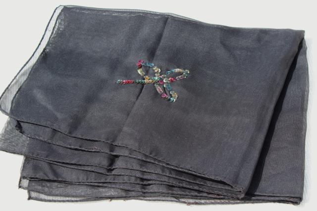 vintage scarf lot, black lace chapel veil mantilla, long sheer nylon scarves