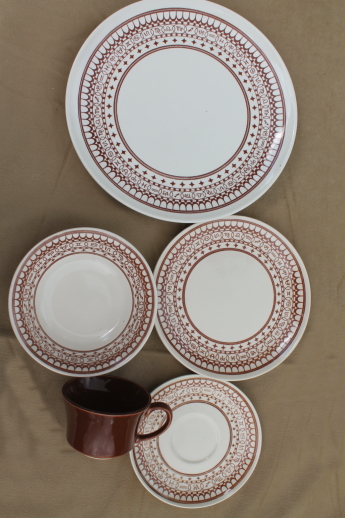 Vintage Sears Ranchero pattern dinnerware set for two, with cattle brands border print - these look like mostly zodiac symbols to us!