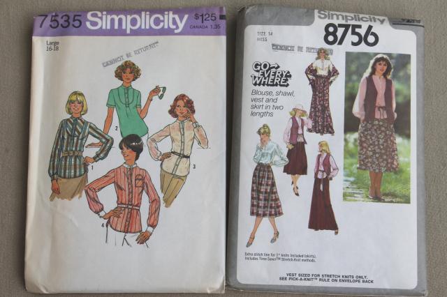 vintage sewing patterns lot, retro 70s pantsuits, mod dresses, tunics, skirts