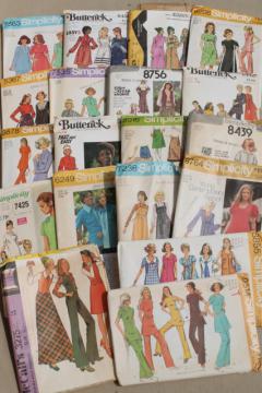 vintage sewing patterns lot, retro 70s pantsuits, mod dresses, tunics, skirts