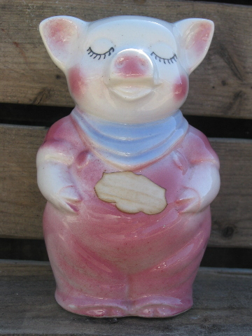 Vintage Shawnee pottery pig in overalls piggy bank, worn original label