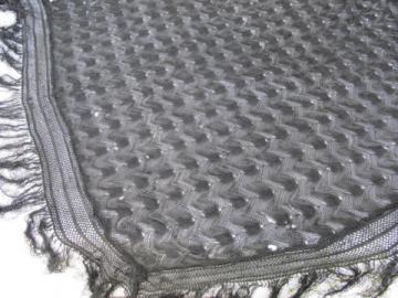 Vintage sheer black shawl / mantilla, fine knitted lace w/ long fringe