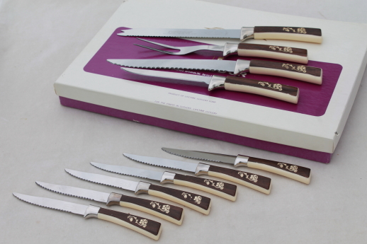Vintage Sheffield steel carving knives, steak knives set, frozen food knife