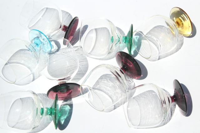 vintage shots or cordial glasses, hand blown glass snifter shape clear bowls, colored glass feet 