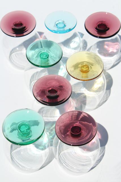 vintage shots or cordial glasses, hand blown glass snifter shape clear bowls, colored glass feet 