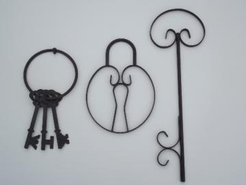 Vintage sign art, iron lock and keys wall hanging plaques, 50s-60s retro