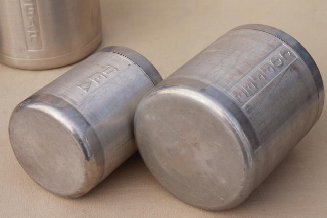 vintage spun aluminum canisters, mid-century retro kitchen canister set made in Italy