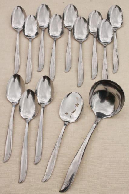 vintage stainless flatware, Oneida Twin Star silverware lot spoons w/ atomic starburst
