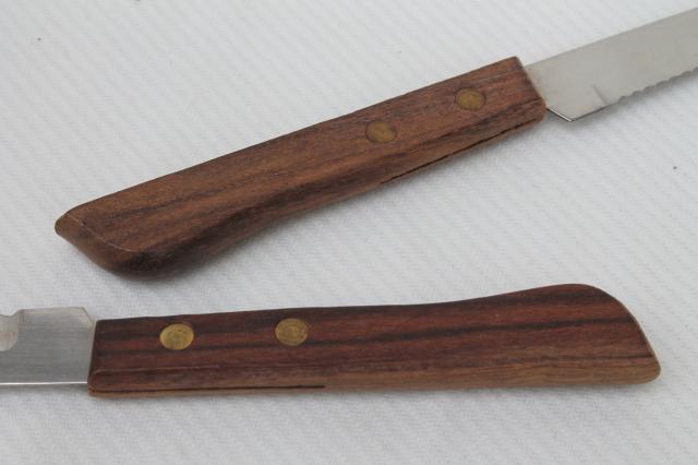 vintage steak knives in wood counter blocks, new in box knife sets w/ teak wood handles