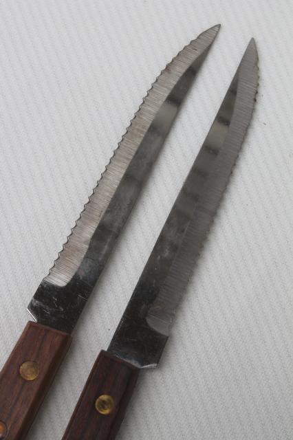 vintage steak knives in wood counter blocks, new in box knife sets w/ teak wood handles
