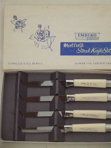 Vintage steak knives, Qwikcut & Sheffield knife sets in packages, never used