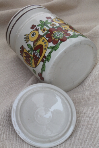 Vintage stoneware crock canister, folk art yellow birds pottery jar