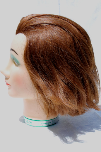 Vintage Suzie-kin mannequin head photo prop model w/ human hair, retro green eyeshadow!