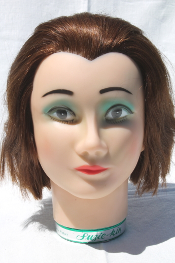 Vintage Suzie-kin mannequin head photo prop model w/ human hair, retro green eyeshadow!
