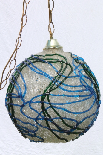 Vintage swag lamp, clear lucite plastic spaghetti string globe shade w/ blue & green