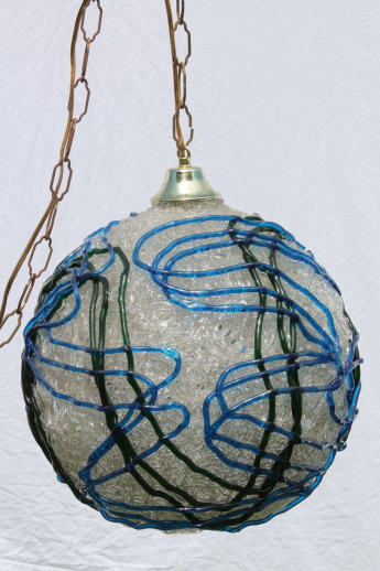 Vintage swag lamp, clear lucite plastic spaghetti string globe shade w/ blue & green