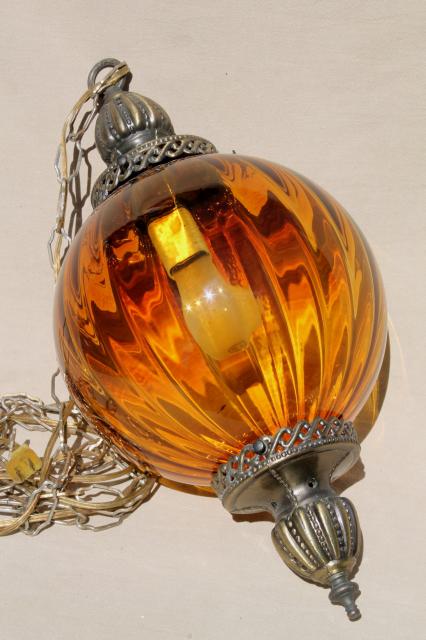 vintage swag lamp hanging light pendant lantern w/ hand blown amber glass globe shade