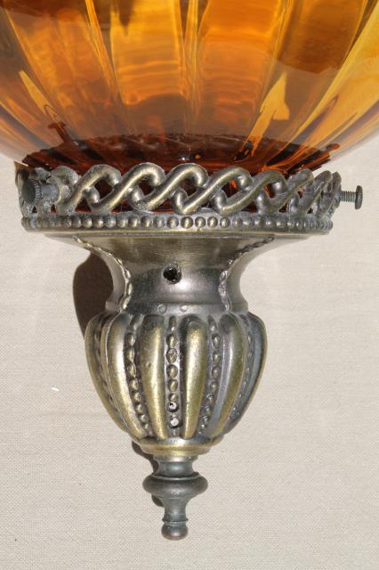 vintage swag lamp hanging light pendant lantern w/ hand blown amber glass globe shade