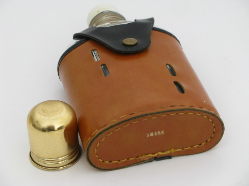 Vintage Swank pocket flask, glass bottle w/ leather case cover