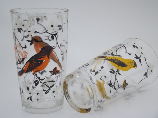 Vintage swanky swigs glasses w/ song birds, Oriole, Cardinal, Blue Jay, Goldfinch