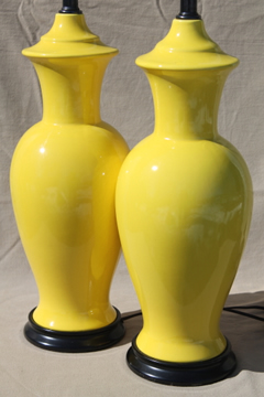 Vintage table lamps, buttercup yellow ceramic pottery ginger jar urn lamp pair