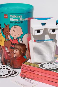 vintage talking viewmaster w/ reels, Pooh, Bambi, Snoopy reel sets