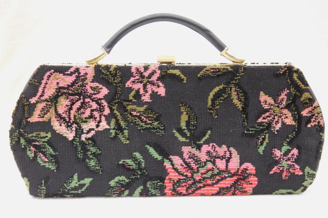 vintage tapestry fabric clutch purse / handbag for day & evening, pink & black chenille roses
