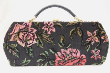 vintage tapestry fabric clutch purse / handbag for day & evening, pink & black chenille roses