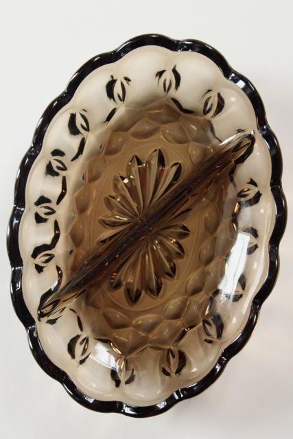 vintage tawny brown smoke glass relish dish, Fairfield Anchor Hocking divided bowl