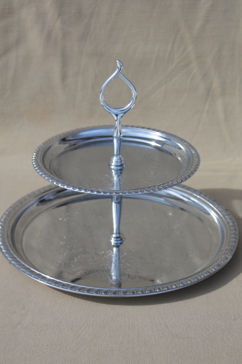 Vintage tea cake stand, shiny silver chrome two tiered sandwich plate server