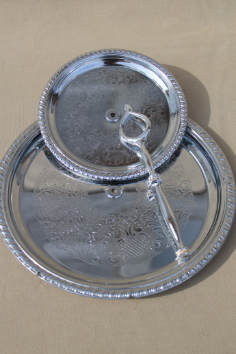 Vintage tea cake stand, shiny silver chrome two tiered sandwich plate server