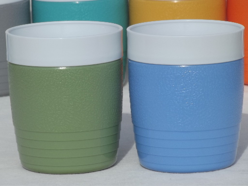 Vintage Therm-o-ware tumblers, Sun-Frost plastic glasses in retro colors