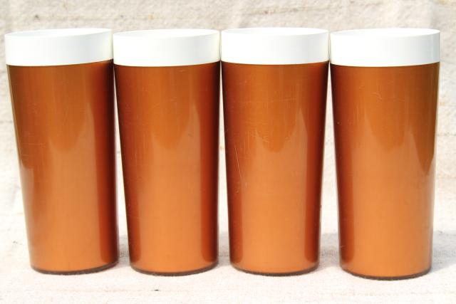 vintage thermoware type insulated plastic tumblers, tall iced tea glasses metallic copper