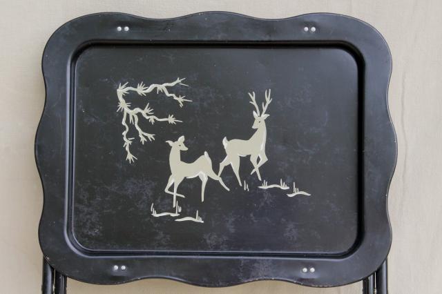 vintage tin tray TV tables, retro metal folding tables w/ woodland deer design in grey & black