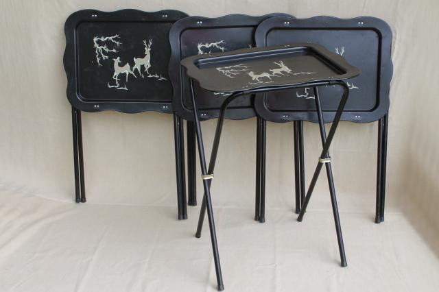 vintage tin tray TV tables, retro metal folding tables w/ woodland deer design in grey & black