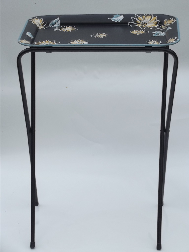 Vintage tin tray TV tables, folding snack tables w/ mod flowers on black