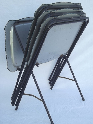 Vintage tin tray TV tables, folding snack tables w/ retro leaf print