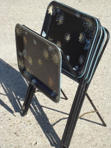 Vintage tin tray TV tables, retro all metal folding  tables for crafts etc.