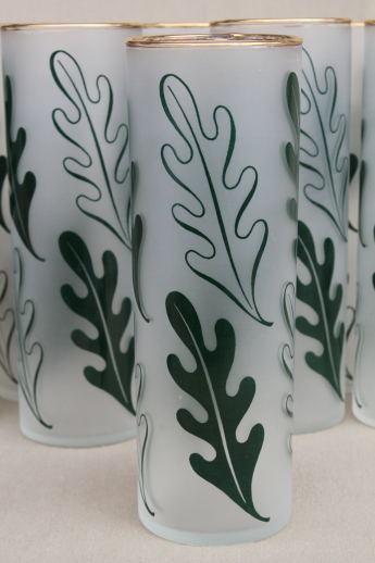 Vintage tom collins glasses, tall frosted glass tumblers w/ oak leaves print