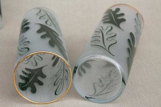 Vintage tom collins glasses, tall frosted glass tumblers w/ oak leaves print