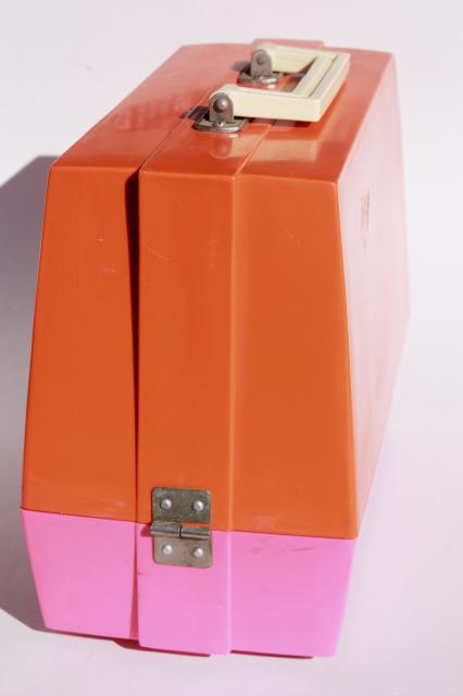 vintage toy sewing machine retro pink & orange plastic case, not working nice for parts or display