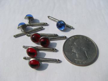 Vintage tuxedo shirt botton studs, ruby red & sapphire blue glass stones