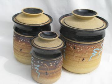 Vintage unglazed stoneware pottery kitchen canisters, retro earth colors