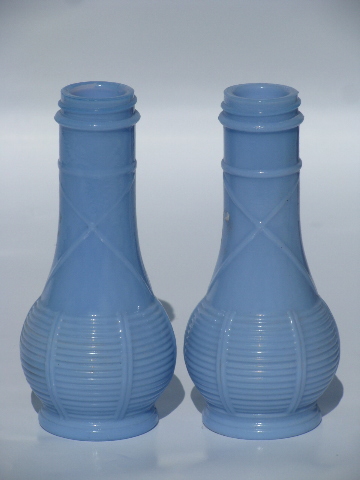 Vintage vanity talc bottles, blue slag milk glass