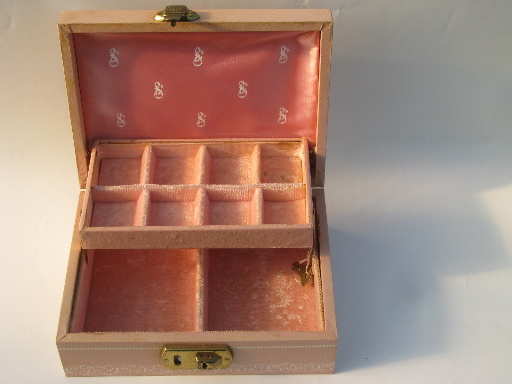 Vintage velvet lined jewelry boxes, blush pink and teal faux leather
