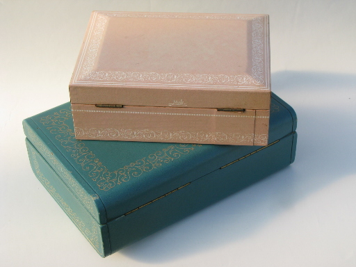 Vintage velvet lined jewelry boxes, blush pink and teal faux leather