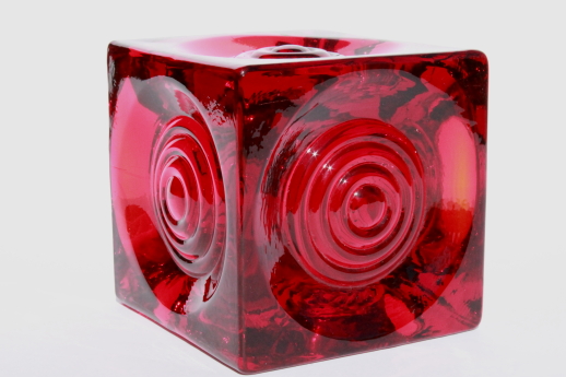 Vintage Viking glass ruby red candle holder, mod bullseye circles on square cube
