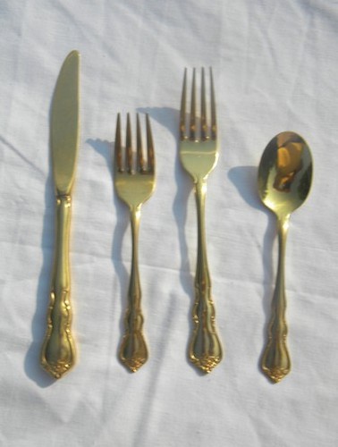 Vintage Wallace gold plated flatware, setting for 5, serving pieces