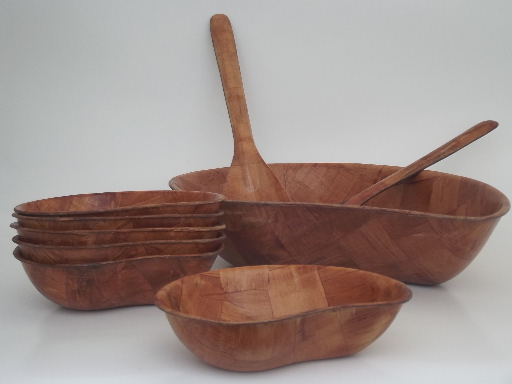 Vintage Weavewood salad bowls, mid-century mod kidney shape salad set