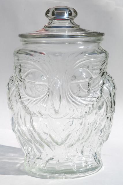 vintage wise old owl Libbey clear glass gallon canister, cookie jar w/ lid